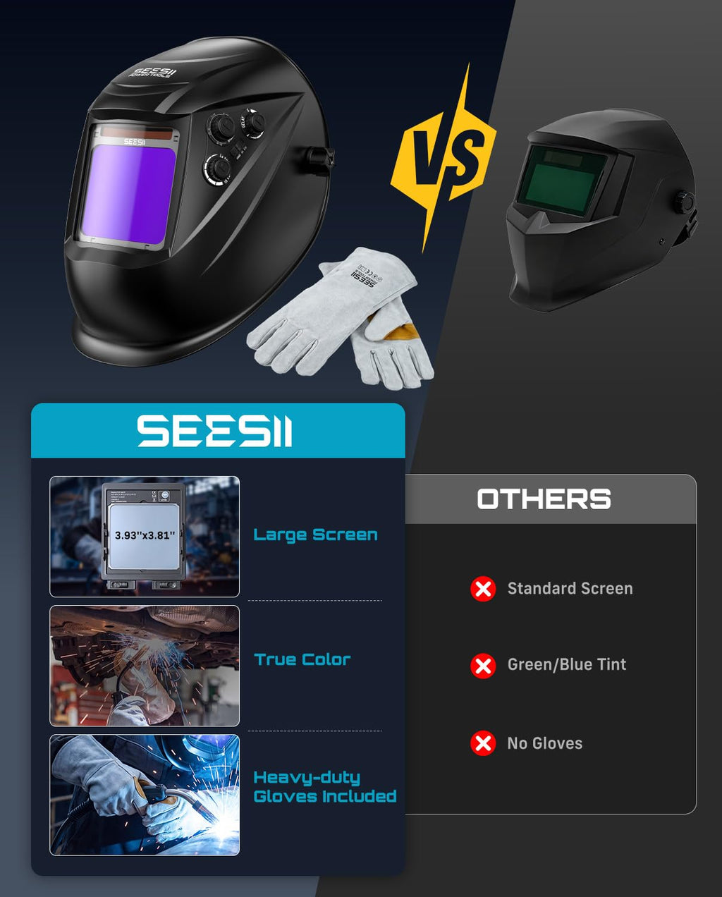 Large View Auto Darkening Welding Helmet with Welding Gloves A2188
