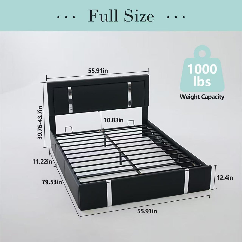 Black Faux Leather Upholstered Full Size Bed Frame with LED Headboard and USB Ports O900884