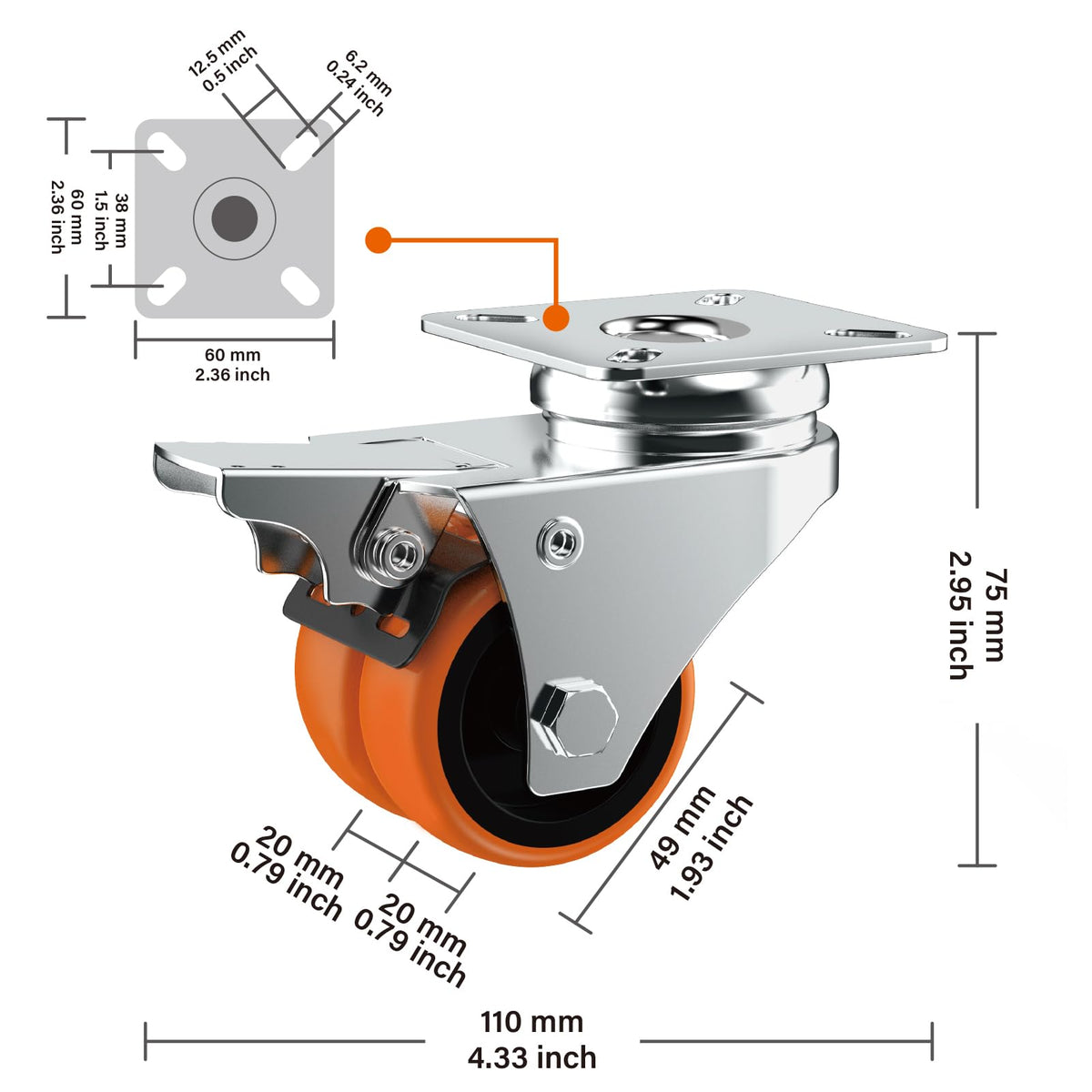 2" Double Wheel Casters with Brake 4 Pack S55673