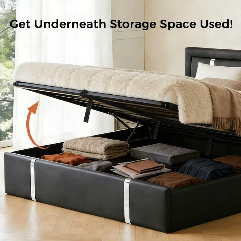 Black Faux Leather Upholstered Full Size Bed Frame with LED Headboard and USB Ports O900884