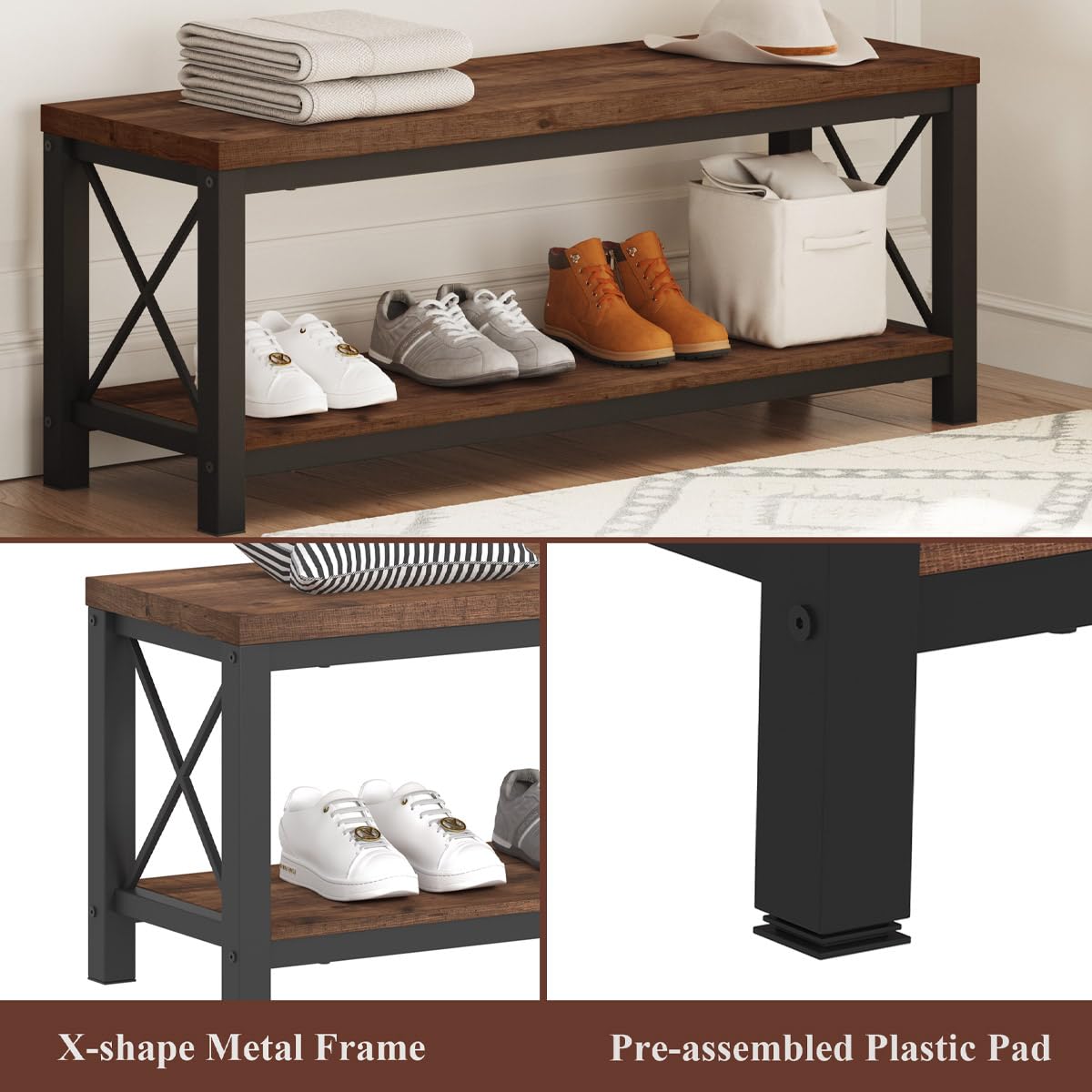 2 Tier Wood Metal Storage Bench T768