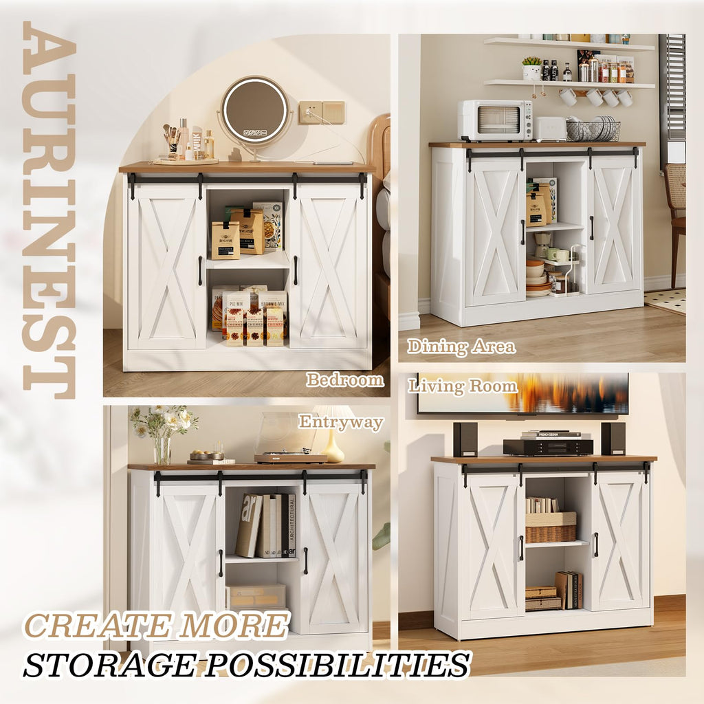 Rustic White Coffee Bar Cabinet with Sliding Barn Doors F146