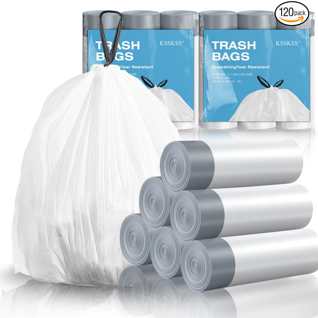 1.6 Gallon Mini Drawstring Trash Bags, 120 Counts White Trash Bin Liners K3285