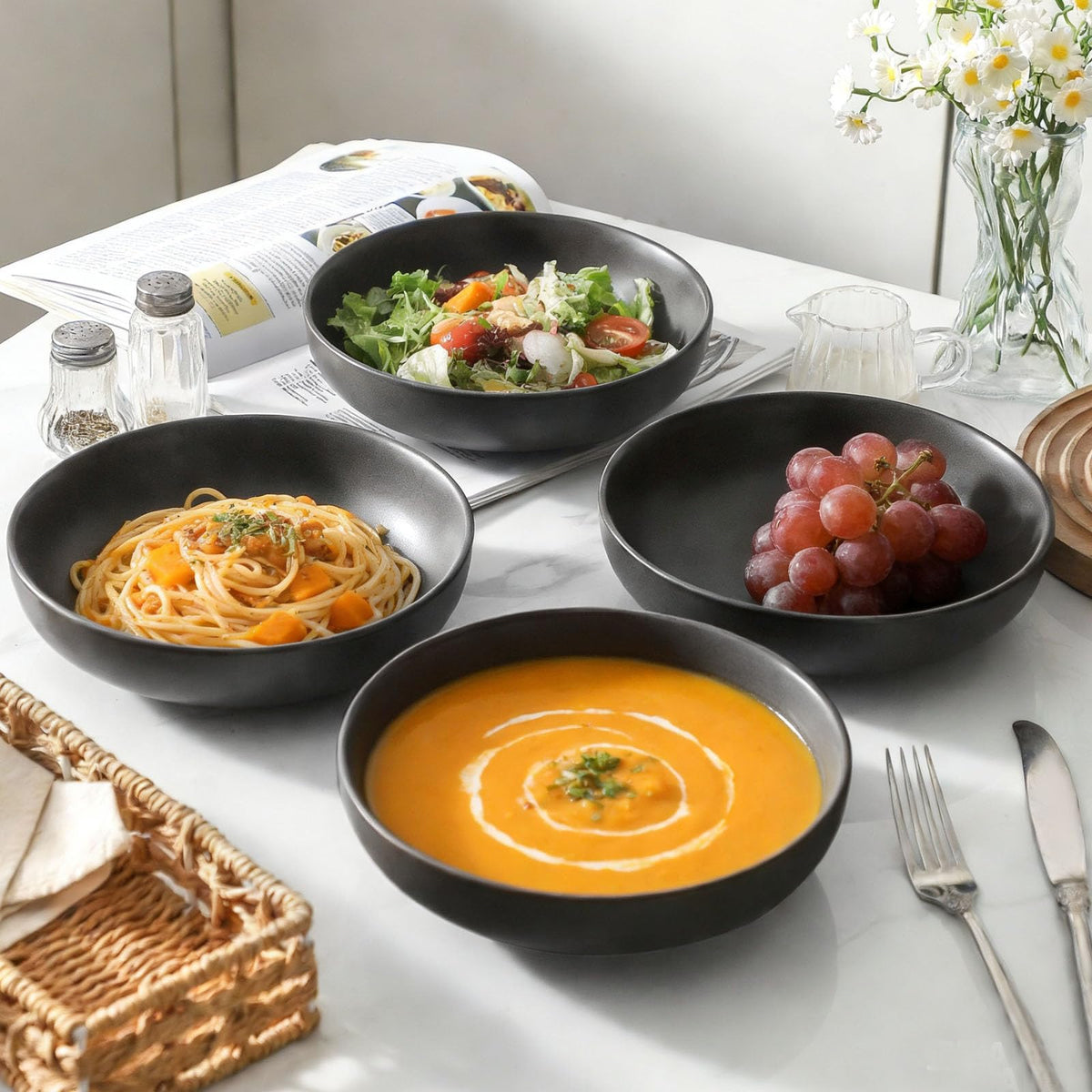 34 oz Stoneware Pasta Bowls Set of 4, Matte Black P62217