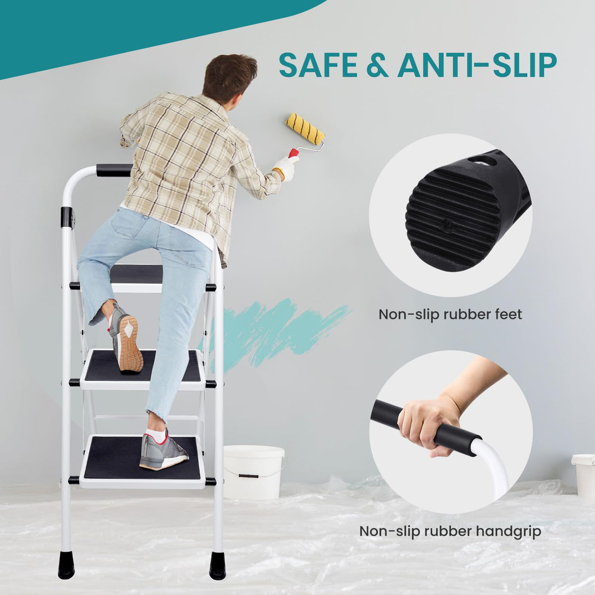 3 Step Ladder with Anti-Slip Pedal & Handrail D583