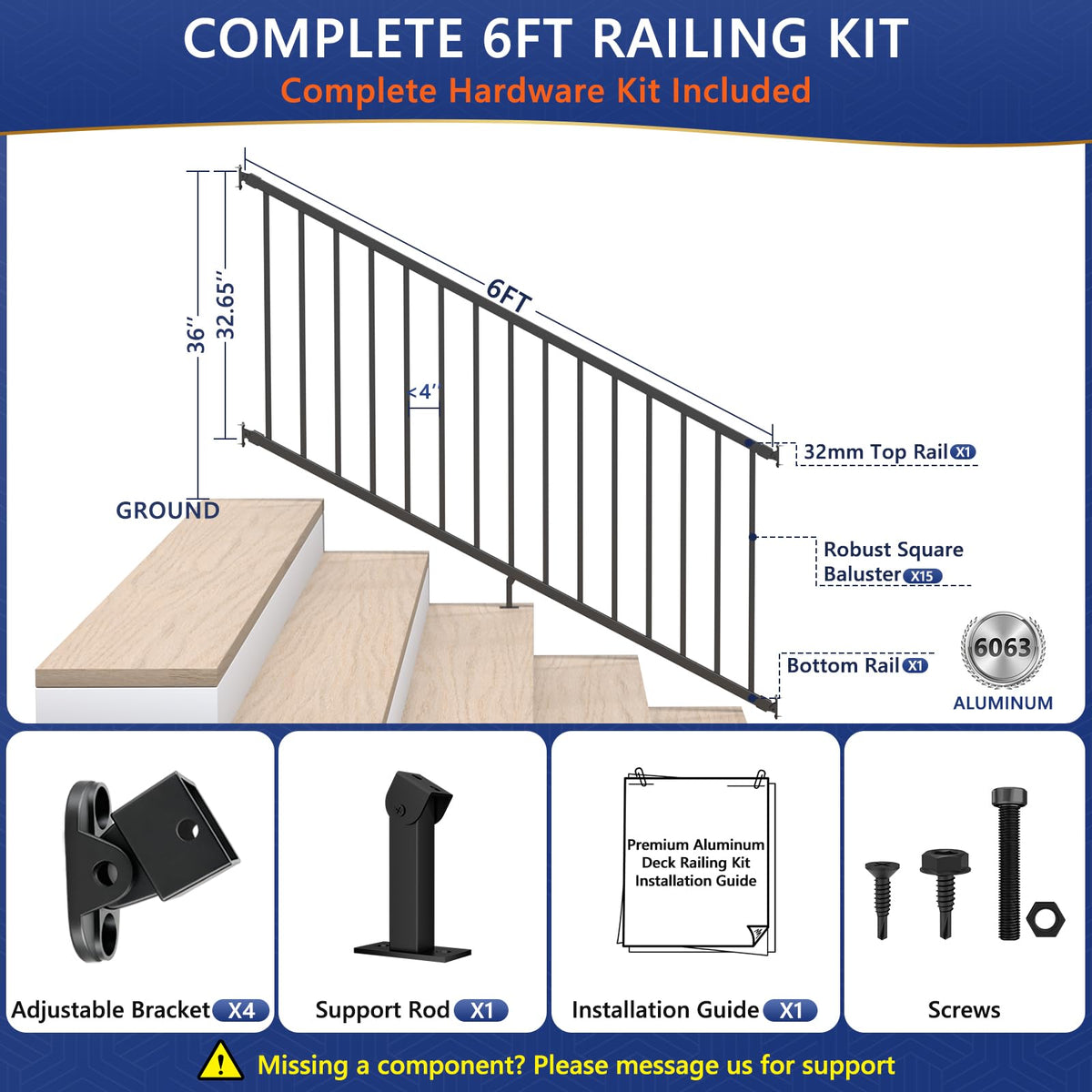 6 ft W Real Aluminum Stair Railing Kit D908403