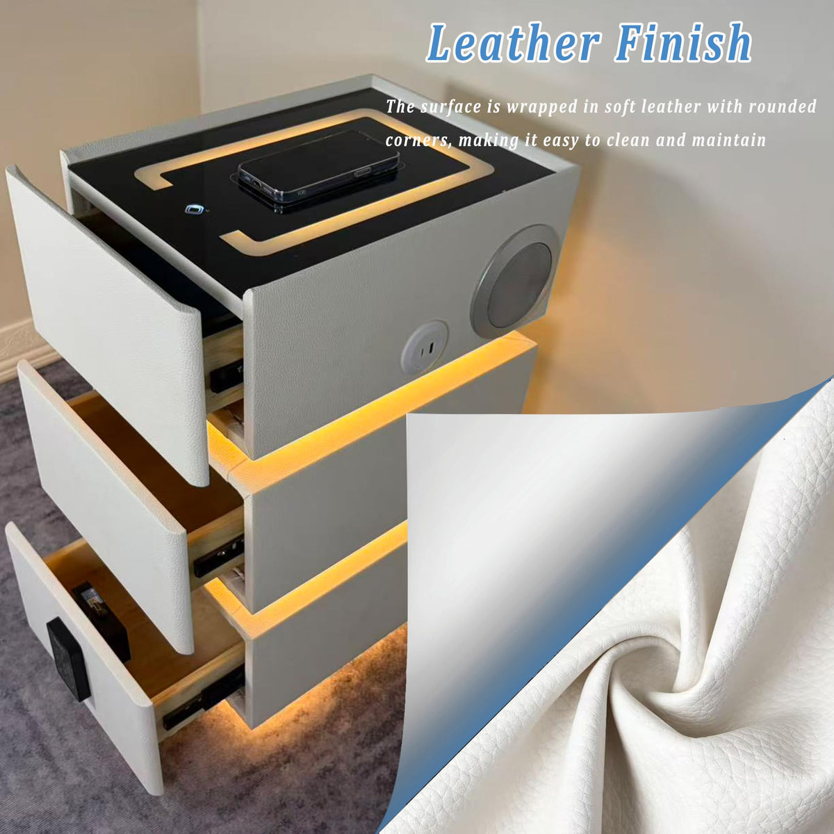White 3 Drawer Faux Leather Nightstand with Charging Station I603