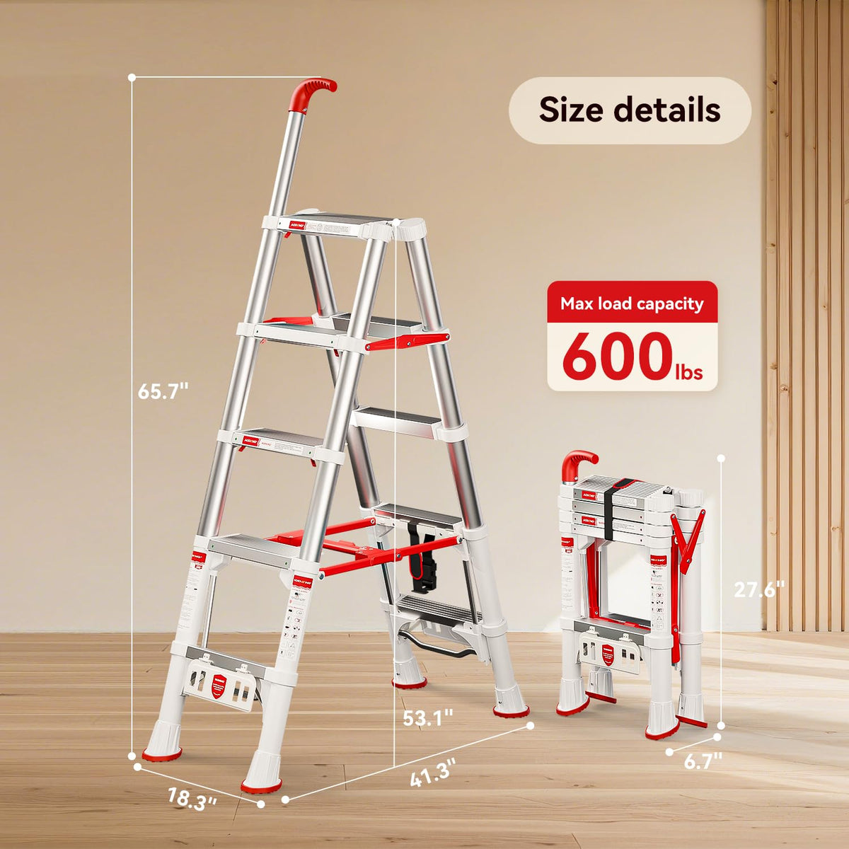 Telescoping Extension Ladder, 4.4FT Folding Step Stool, Aluminum 5 Step Ladder 600lbs Capacity L7340