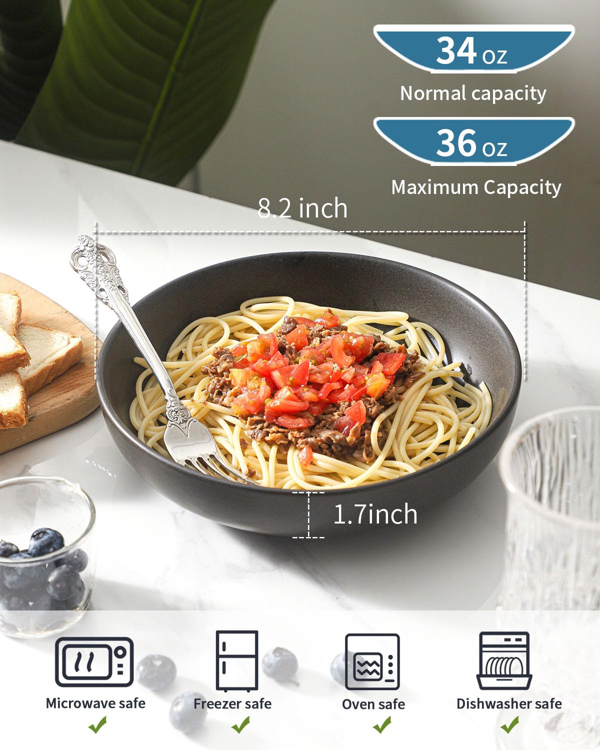 34 oz Stoneware Pasta Bowls Set of 4, Matte Black P62217