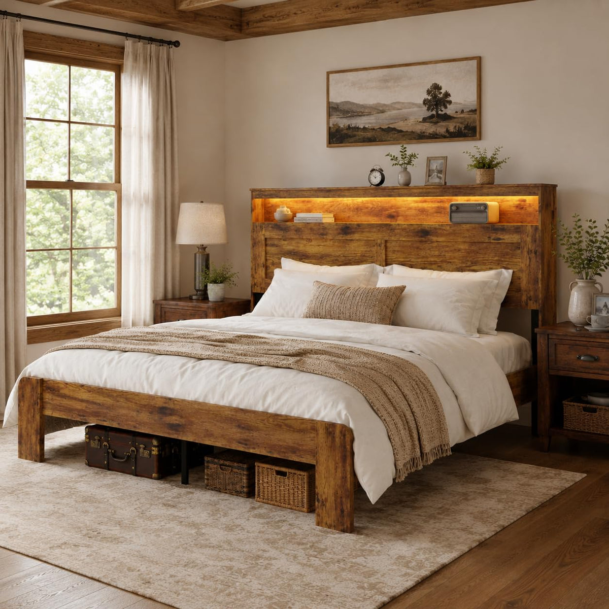King Size Wooden Bed Frame with Storage Headboard G639