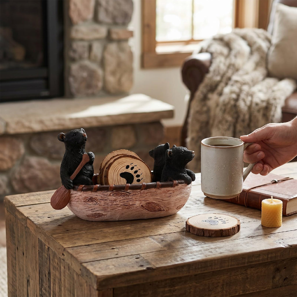 Set of 6 Black Bear Coaster Set with Canoe Holder F11059