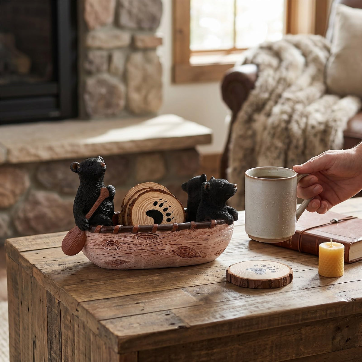 Set of 6 Black Bear Coaster Set with Canoe Holder F11059