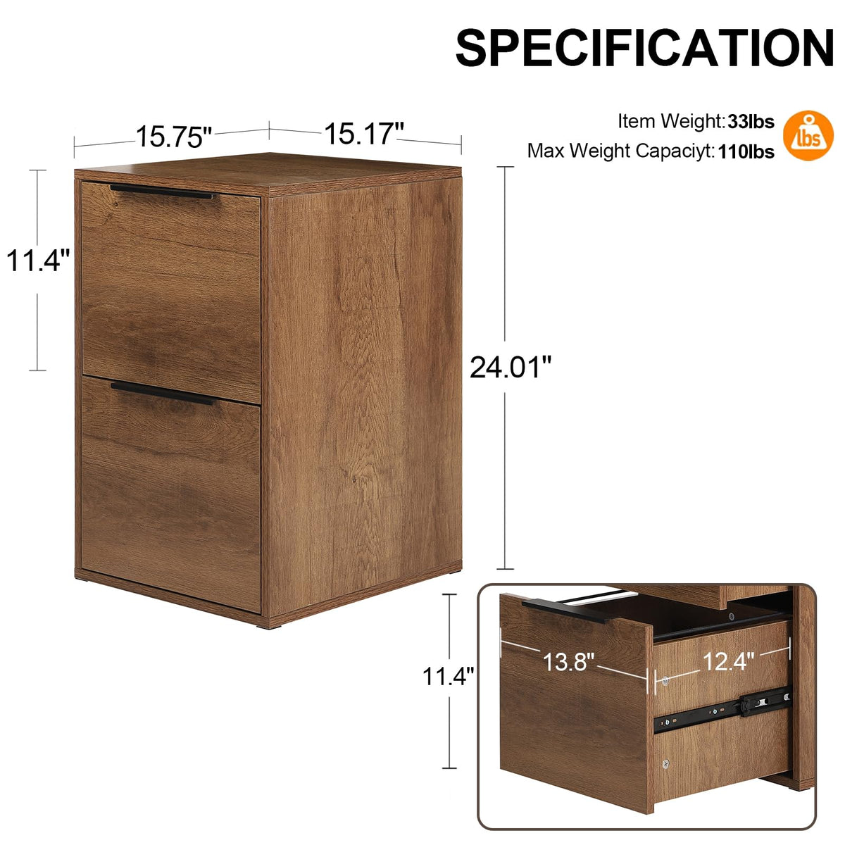 2 Drawer Wood File Cabinet with Hanging Bars K43788