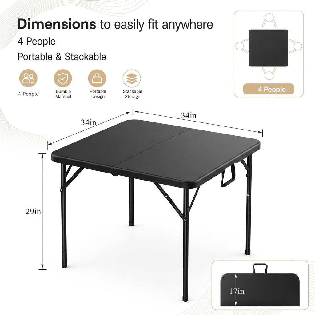 34" Square Folding Card Table with Built-in Handle, Black Z901642