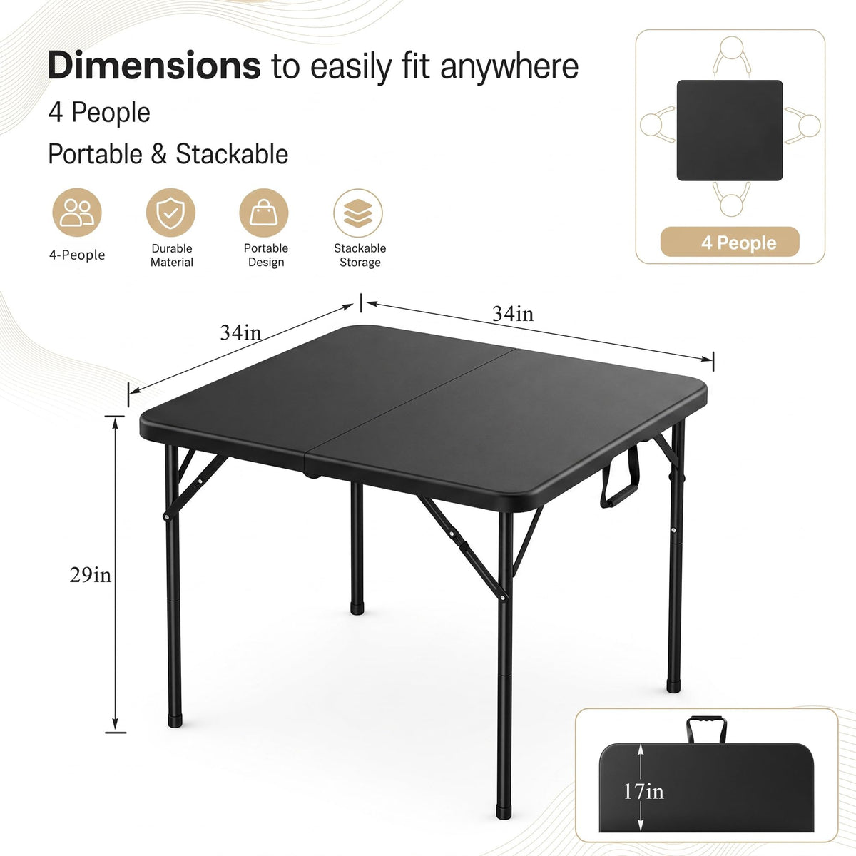 34" Square Folding Card Table with Built-in Handle, Black Z901642
