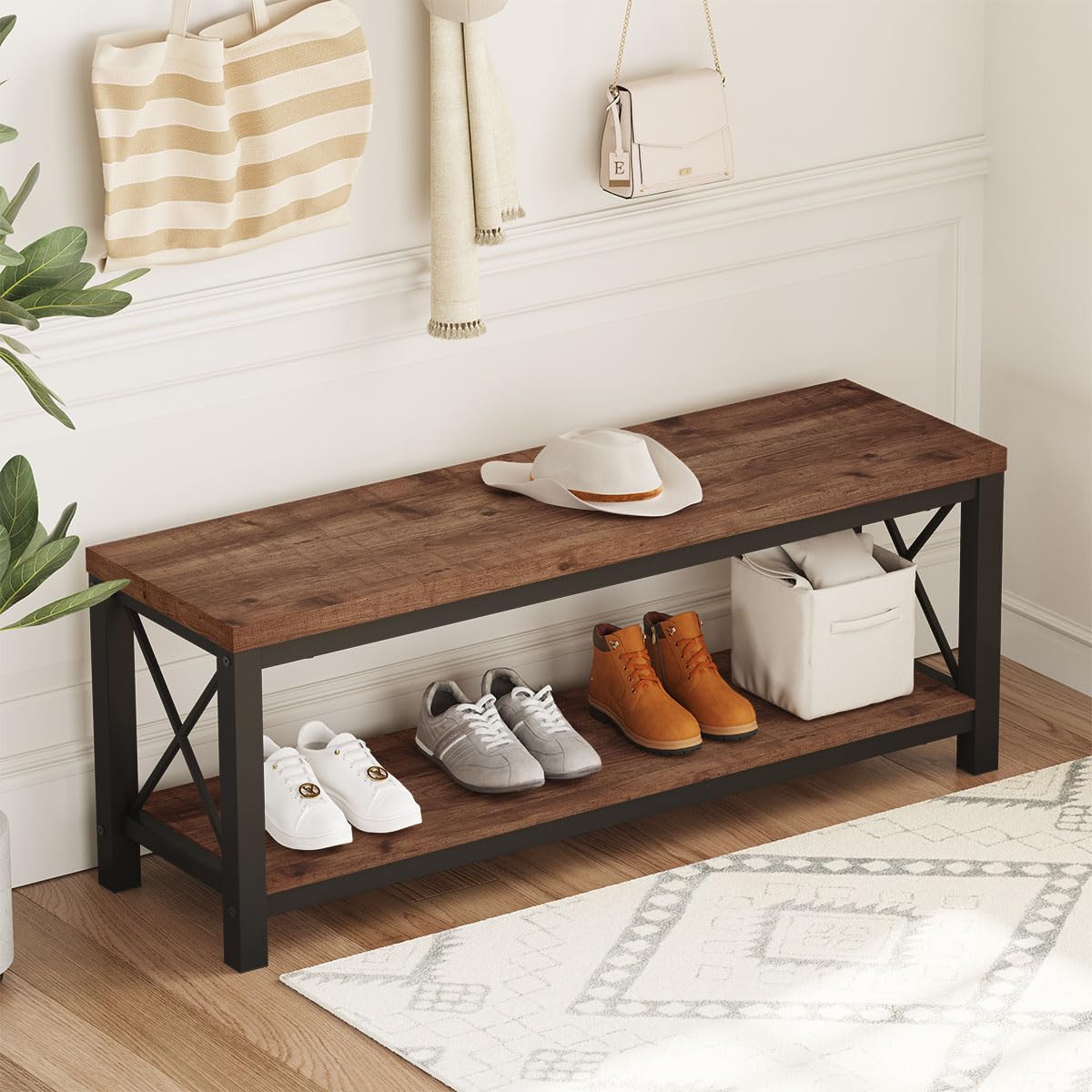 2 Tier Wood Metal Storage Bench T768