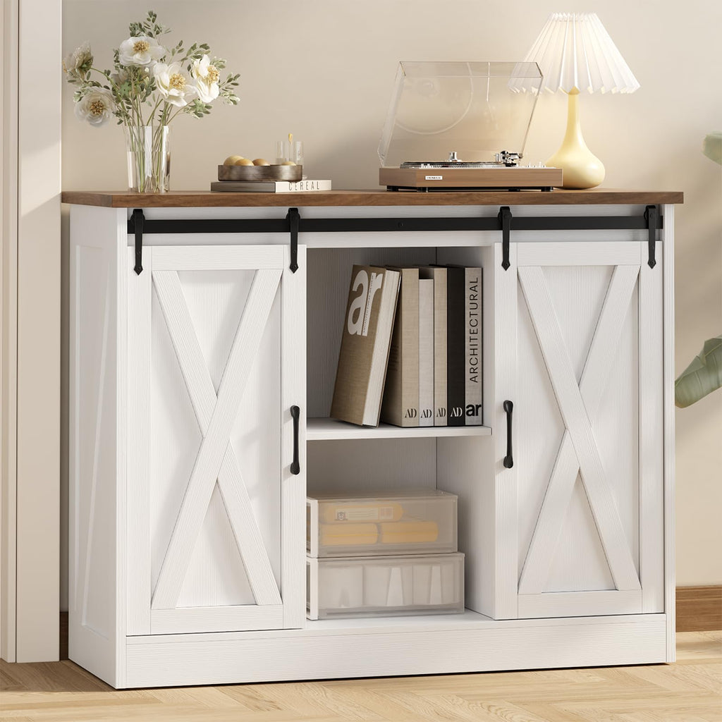 Rustic White Coffee Bar Cabinet with Sliding Barn Doors F146