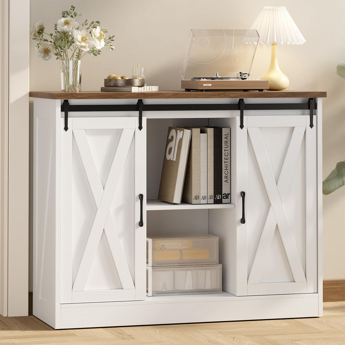 Rustic White Coffee Bar Cabinet with Sliding Barn Doors F146