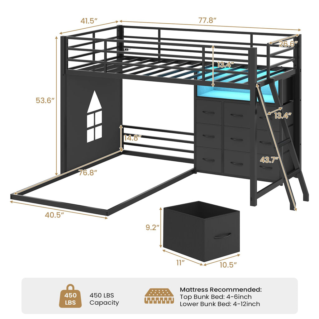 Twin Over Twin L-Shaped Bunk Bed with 9 Storage Drawers, LED Lights, Guardrail & Ladder, Black C5200