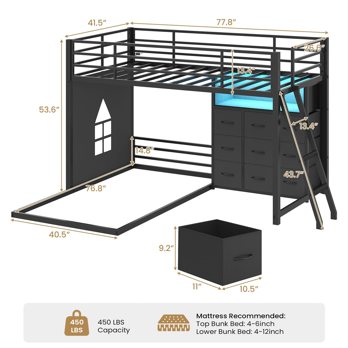 Twin Over Twin L-Shaped Bunk Bed with 9 Storage Drawers, LED Lights, Guardrail & Ladder, Black C5200