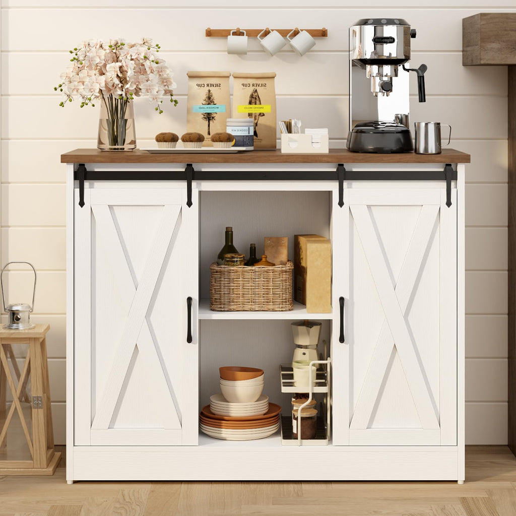 Rustic White Coffee Bar Cabinet with Sliding Barn Doors F146