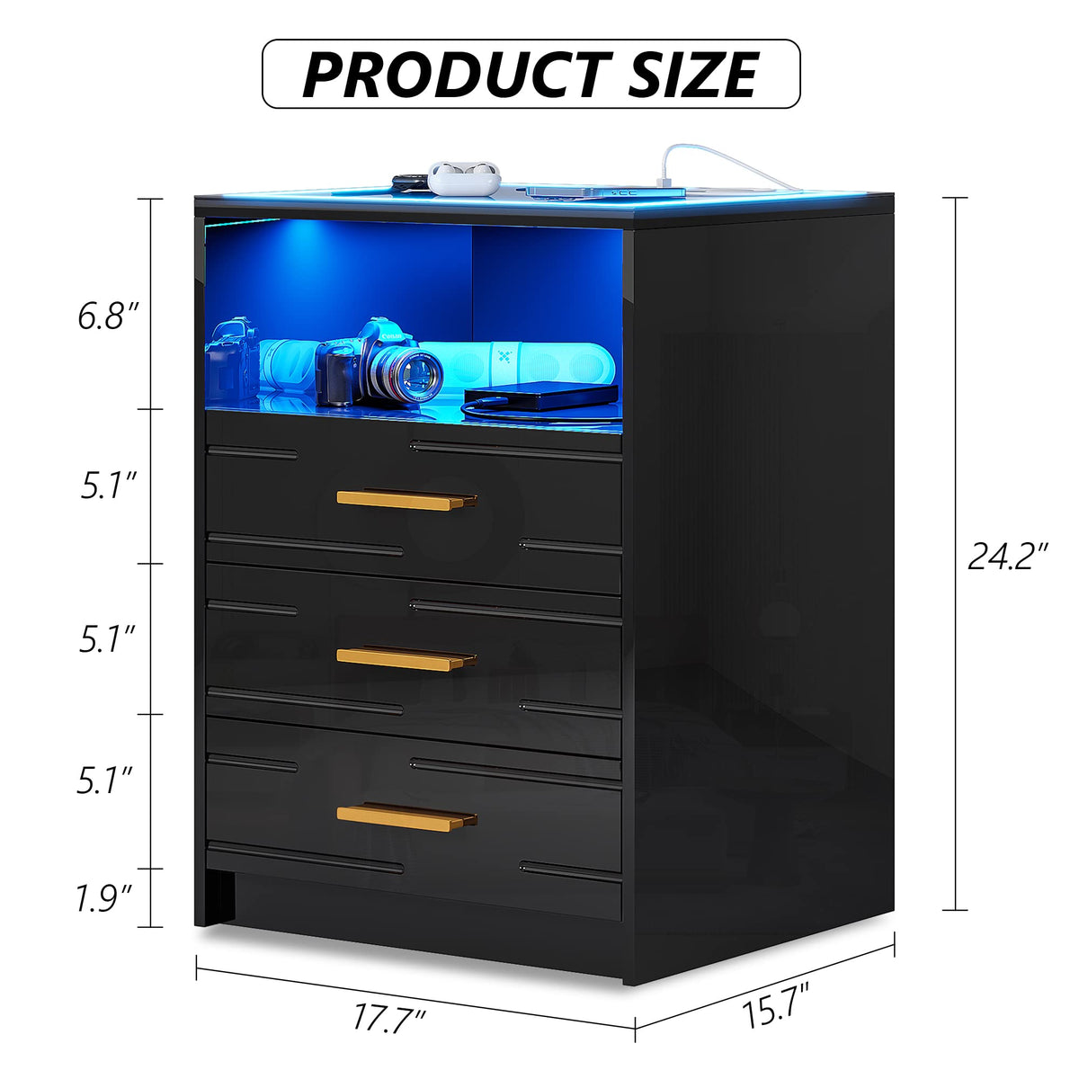 Black High Gloss Nightstand with Wireless Charging Station N47495