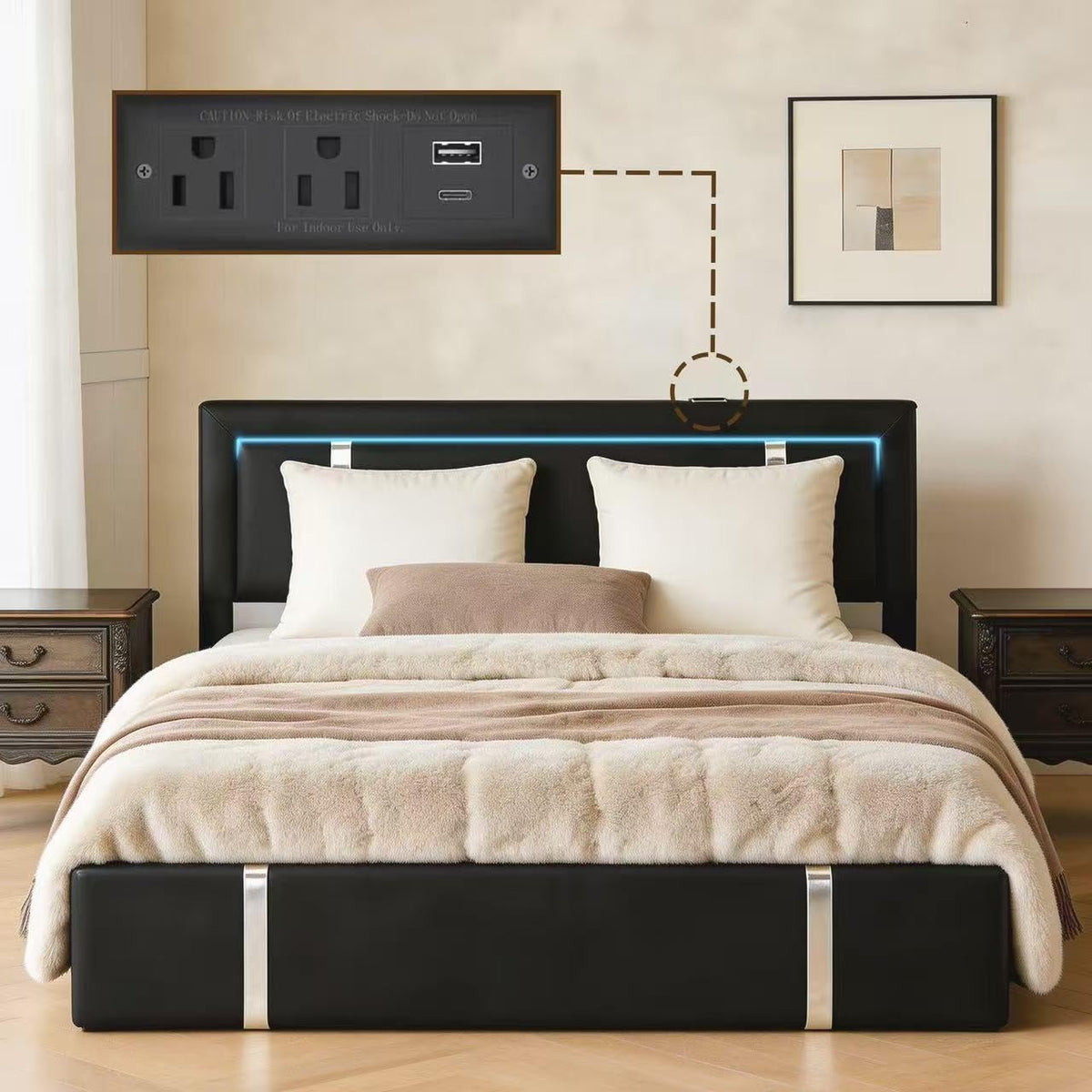 Black Faux Leather Upholstered Full Size Bed Frame with LED Headboard and USB Ports O900884