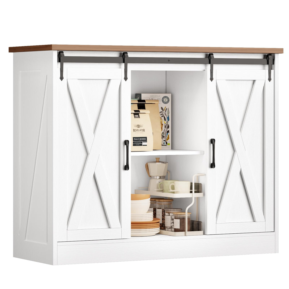 Rustic White Coffee Bar Cabinet with Sliding Barn Doors F146