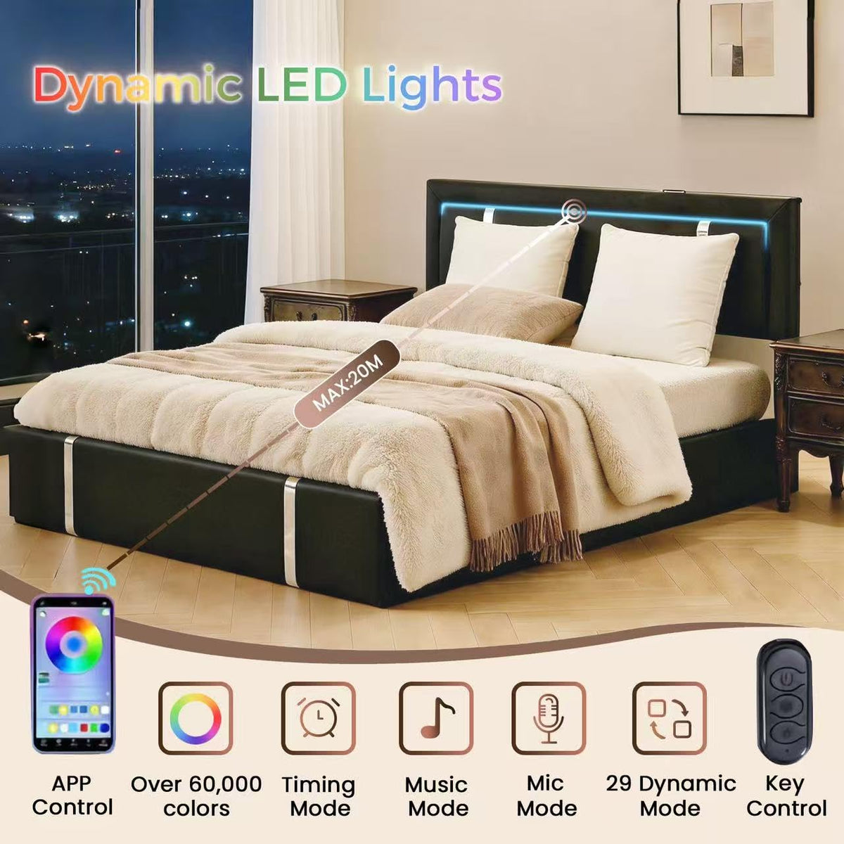 Black Faux Leather Upholstered Full Size Bed Frame with LED Headboard and USB Ports O900884