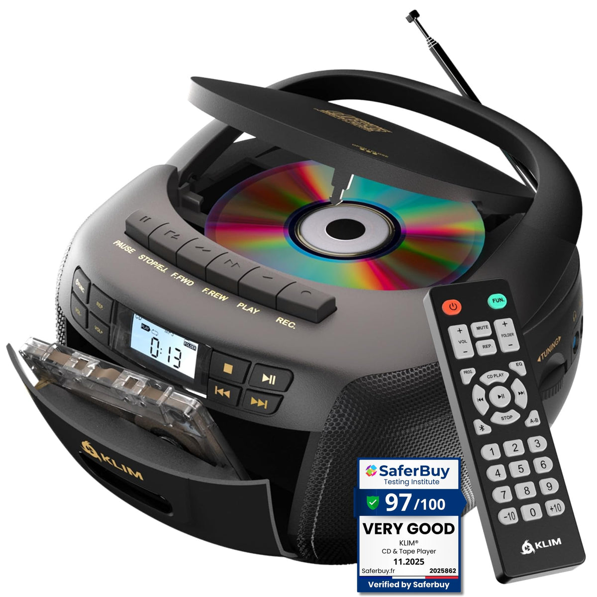 Black CD Cassette Player Boombox with Bluetooth and AM FM Radio E97832