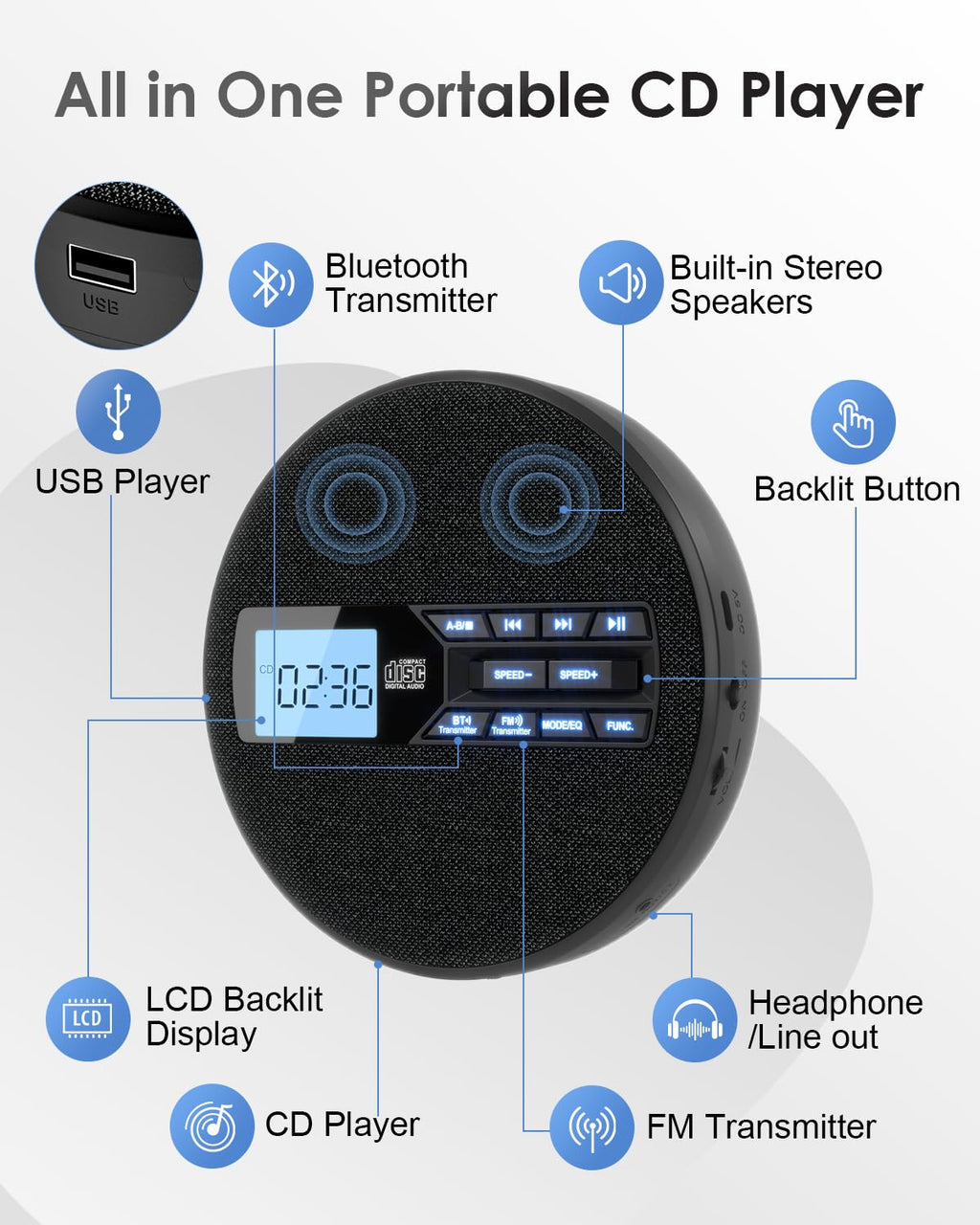 Portable CD Player with Bluetooth & FM Transmitter G38976