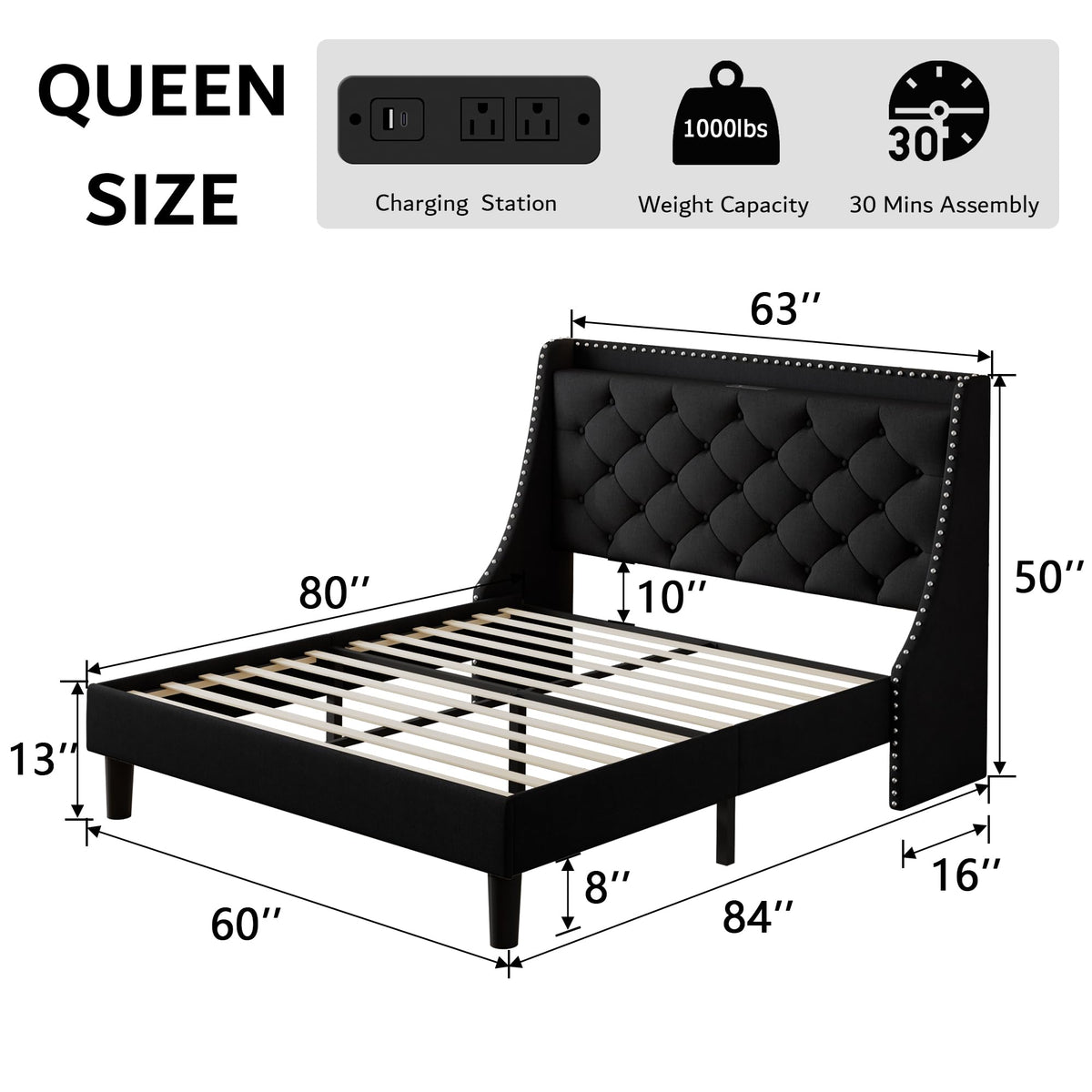 Queen Upholstered Platform Bed with Storage Headboard, Black P9494