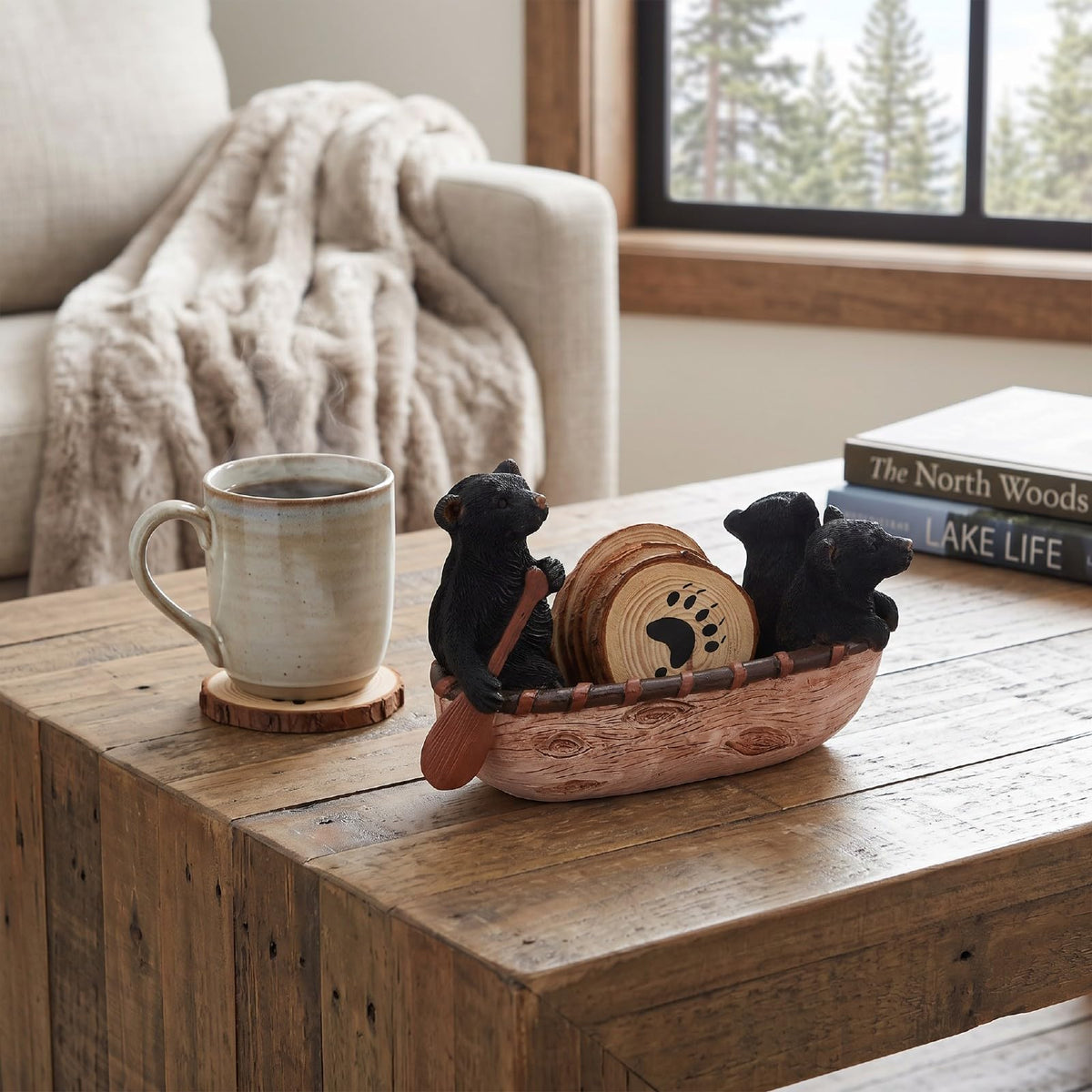 Set of 6 Black Bear Coaster Set with Canoe Holder F11059