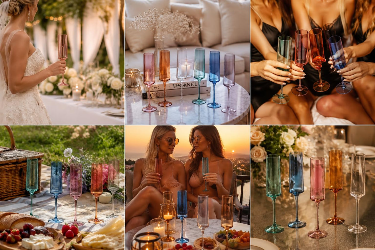Colored Champagne Flute Stemmed Glasses Set of 6 6oz V5690