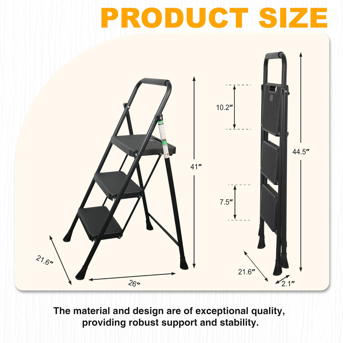 Portable Steel Folding Step Stool, 3-Step, Black Z988