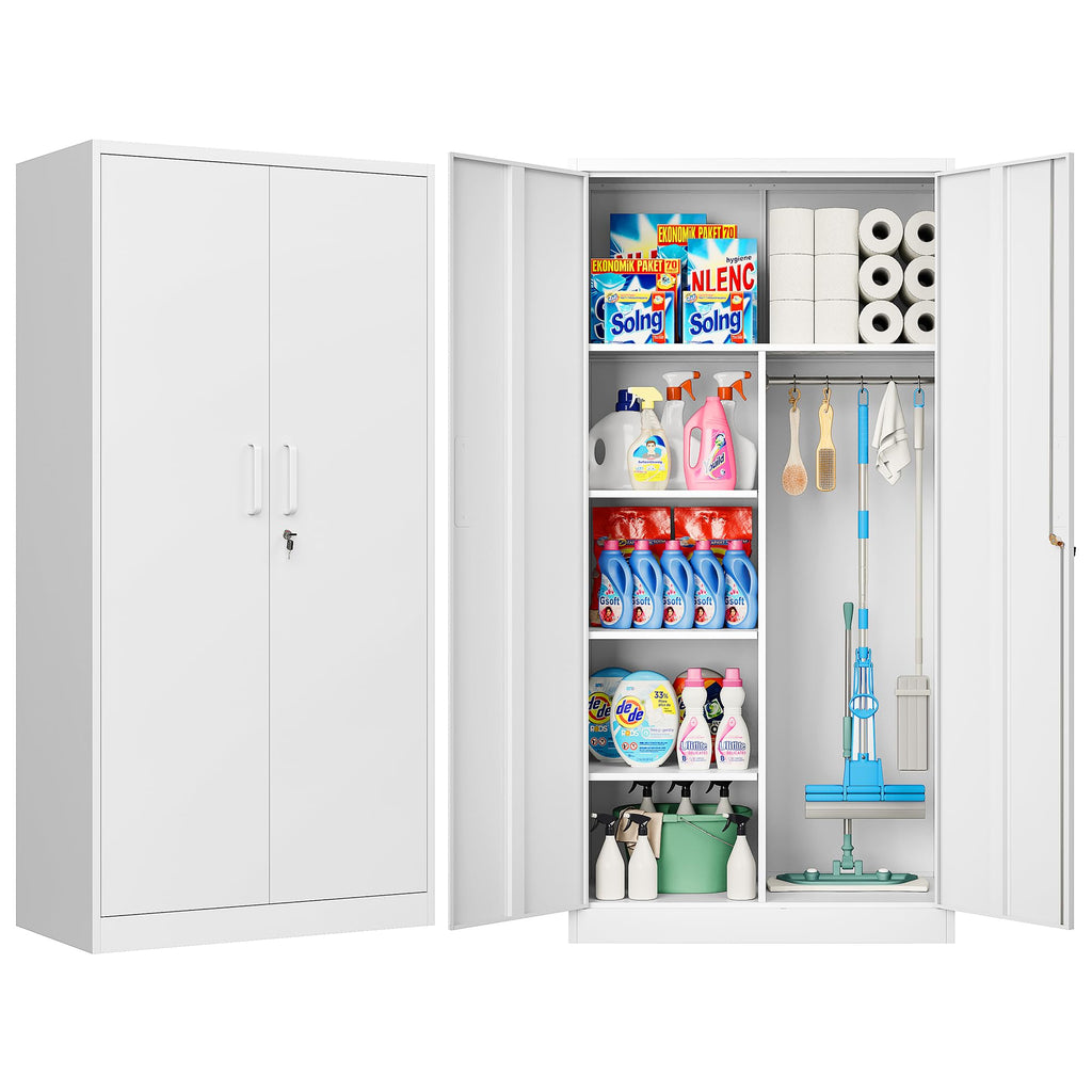 White Metal Storage Cabinet with Hanging Rod and Lock E254387