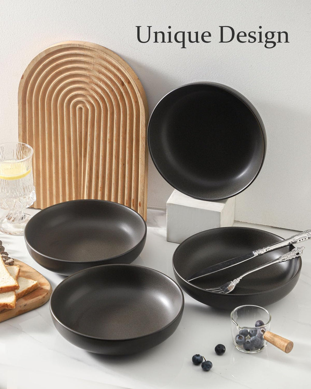 34 oz Stoneware Pasta Bowls Set of 4, Matte Black P62217
