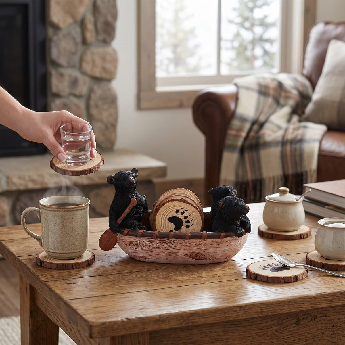 Set of 6 Black Bear Coaster Set with Canoe Holder F11059