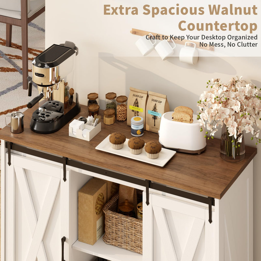 Rustic White Coffee Bar Cabinet with Sliding Barn Doors F146