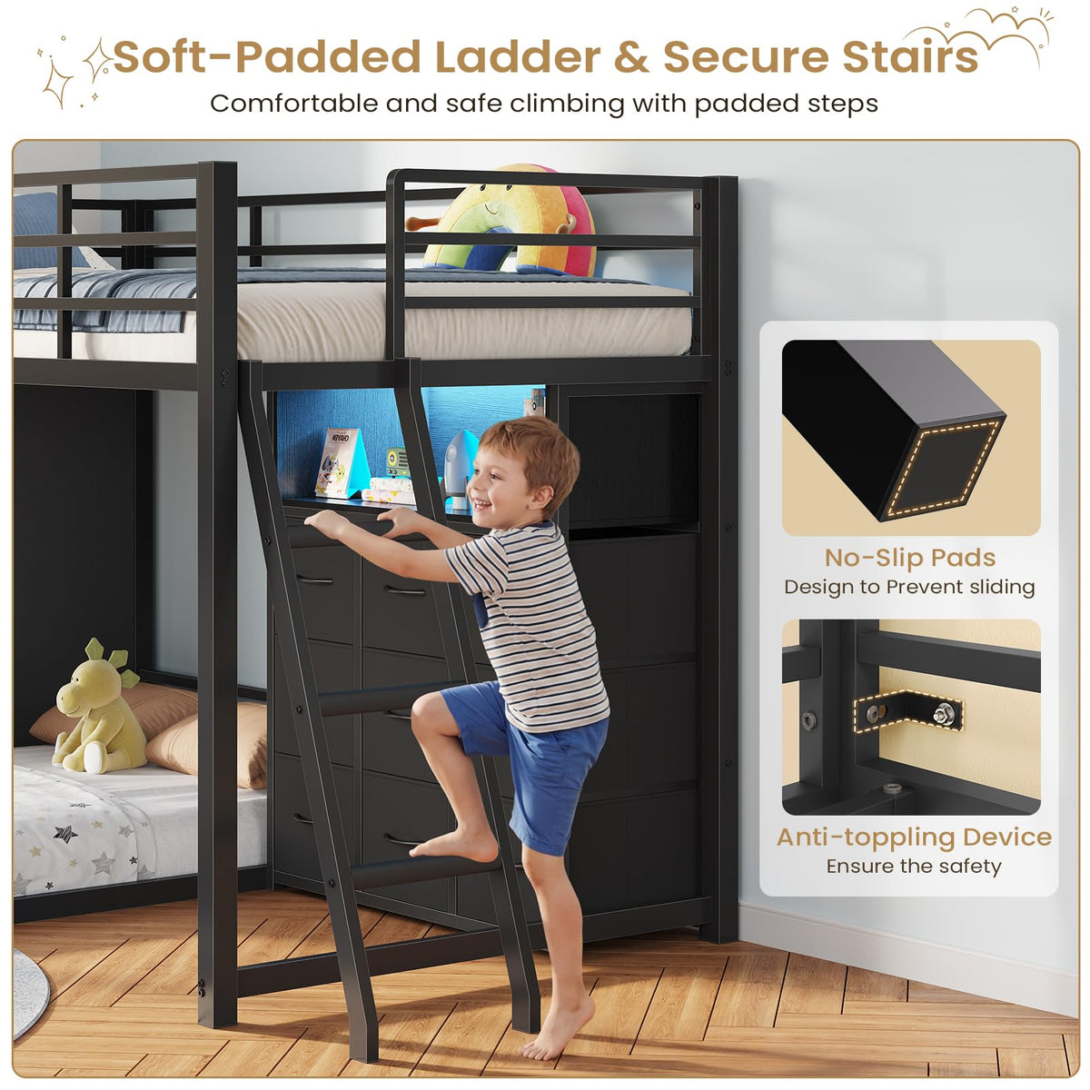 Twin Over Twin L-Shaped Bunk Bed with 9 Storage Drawers, LED Lights, Guardrail & Ladder, Black C5200