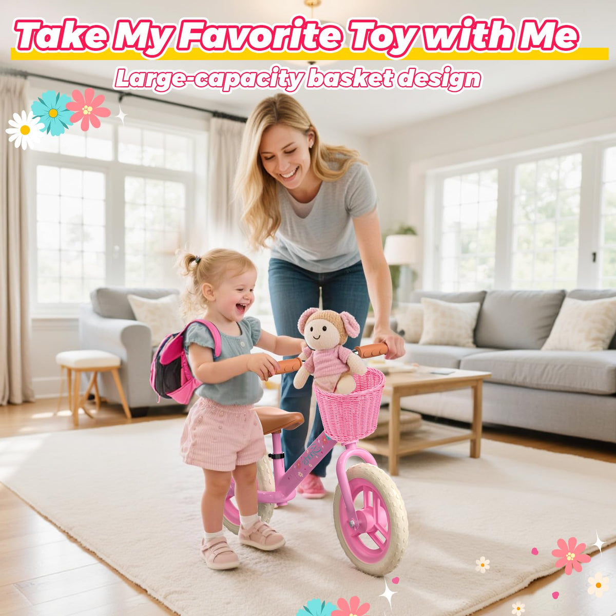 Toddler Balance Bike with Fender, Adjustable Seat/Handlebar, Flat-Free LED Tires I67523