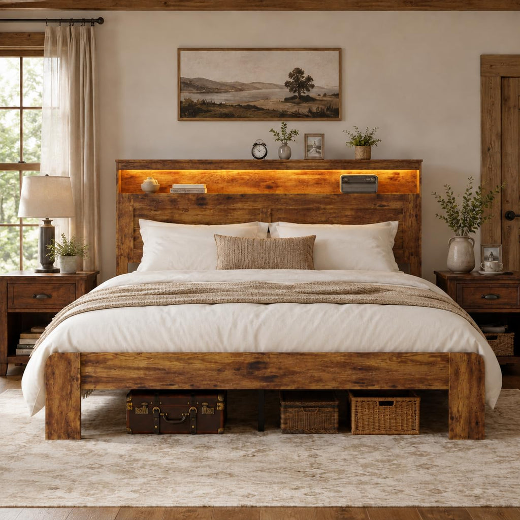 King Size Wooden Bed Frame with Storage Headboard G639