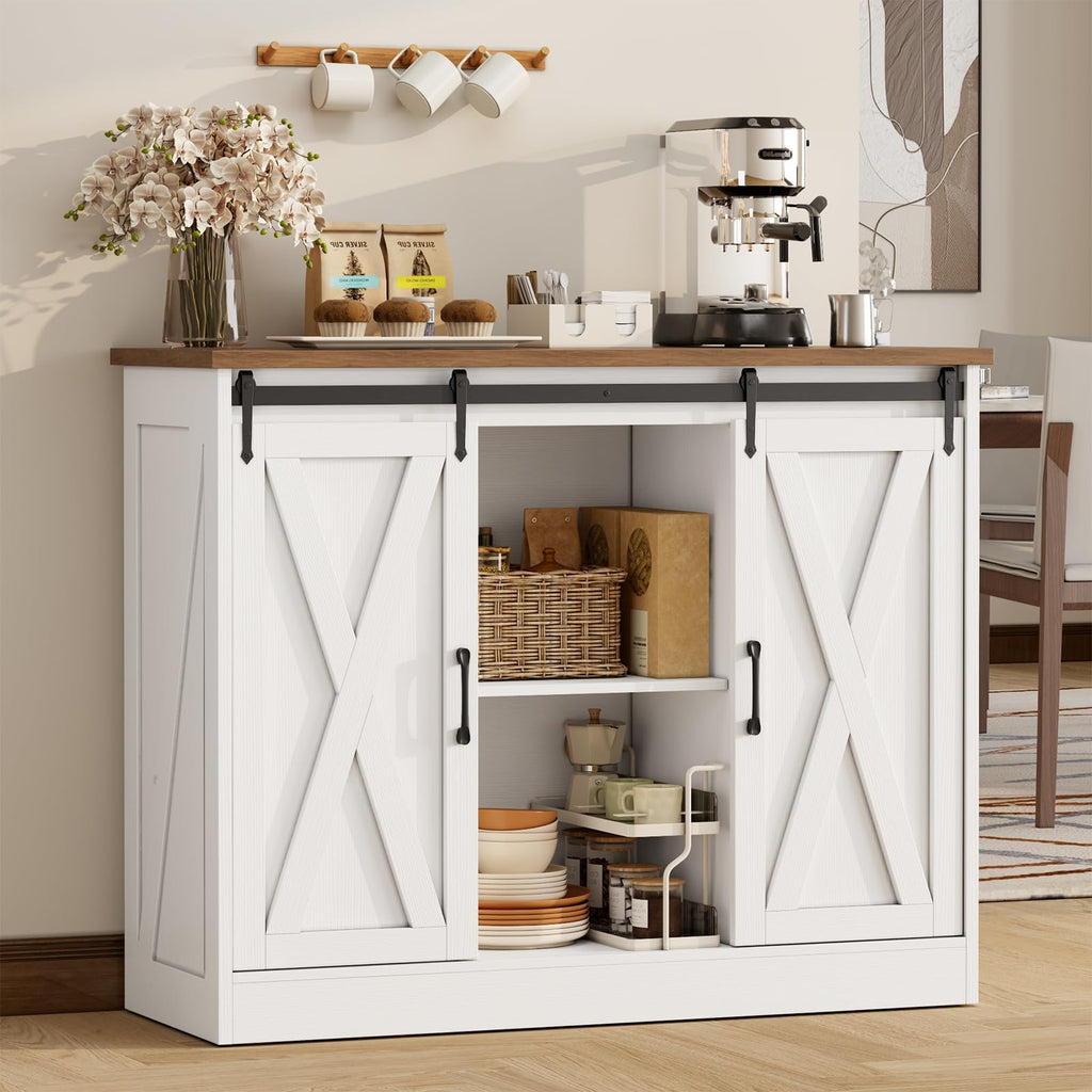 Rustic White Coffee Bar Cabinet with Sliding Barn Doors F146