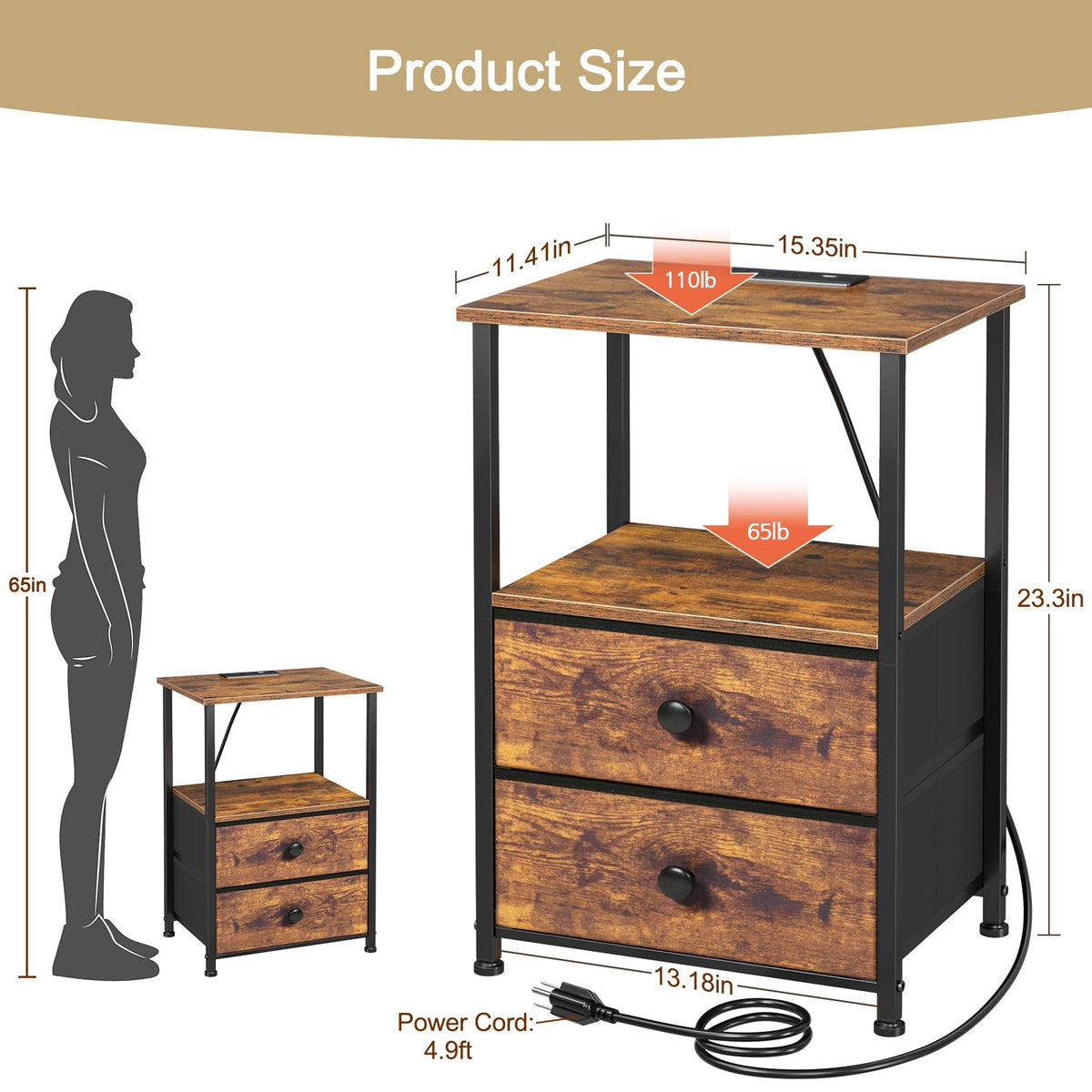 Nightstands Set of 2 with Charging Station A1371