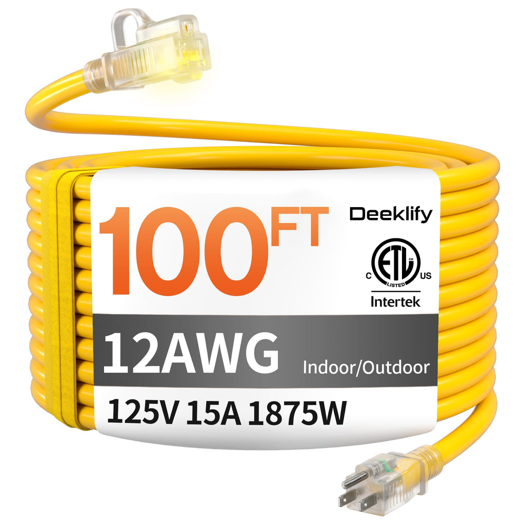 100FT Heavy Duty Outdoor Extension Cord Waterproof Yellow L677788