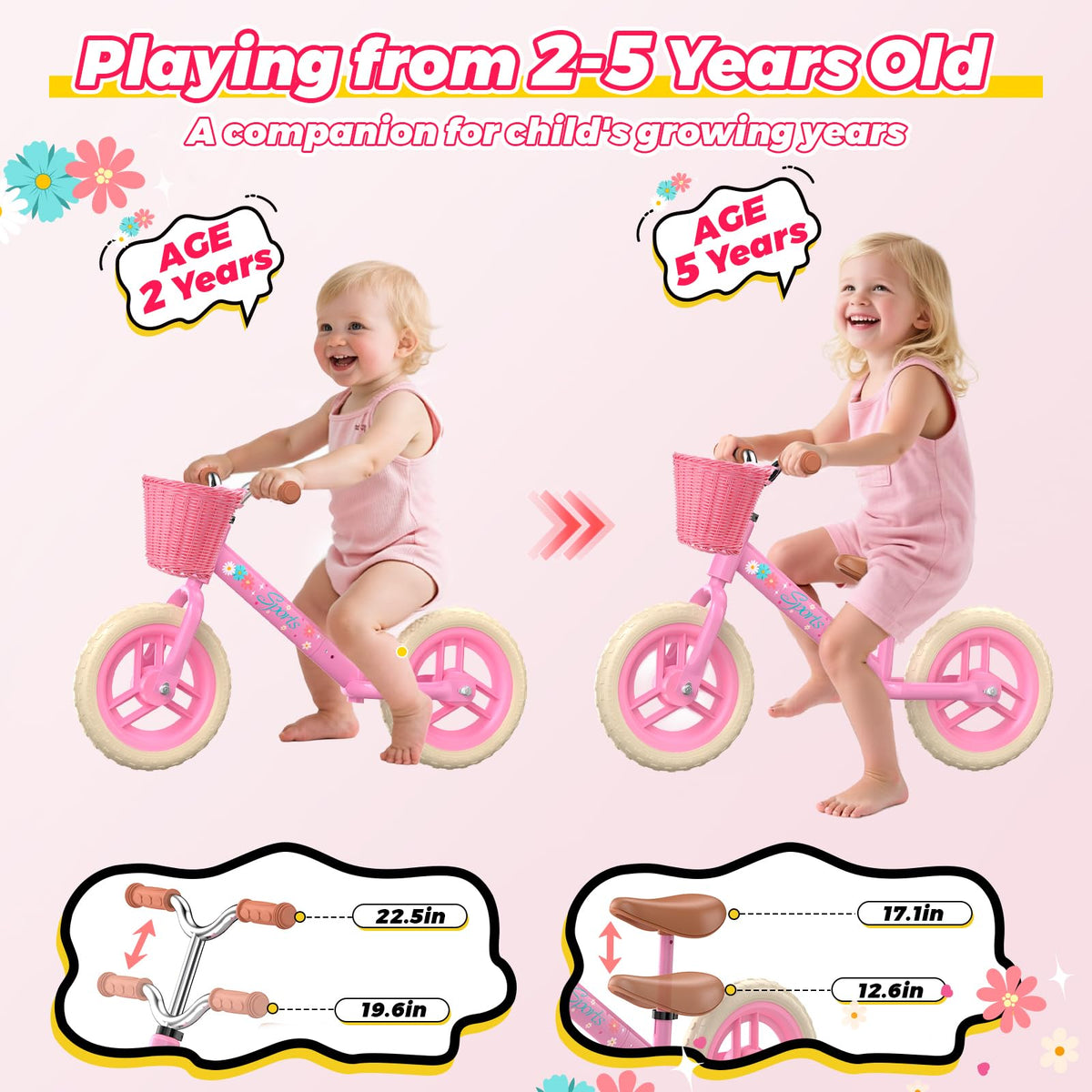 Toddler Balance Bike with Fender, Adjustable Seat/Handlebar, Flat-Free LED Tires I67523