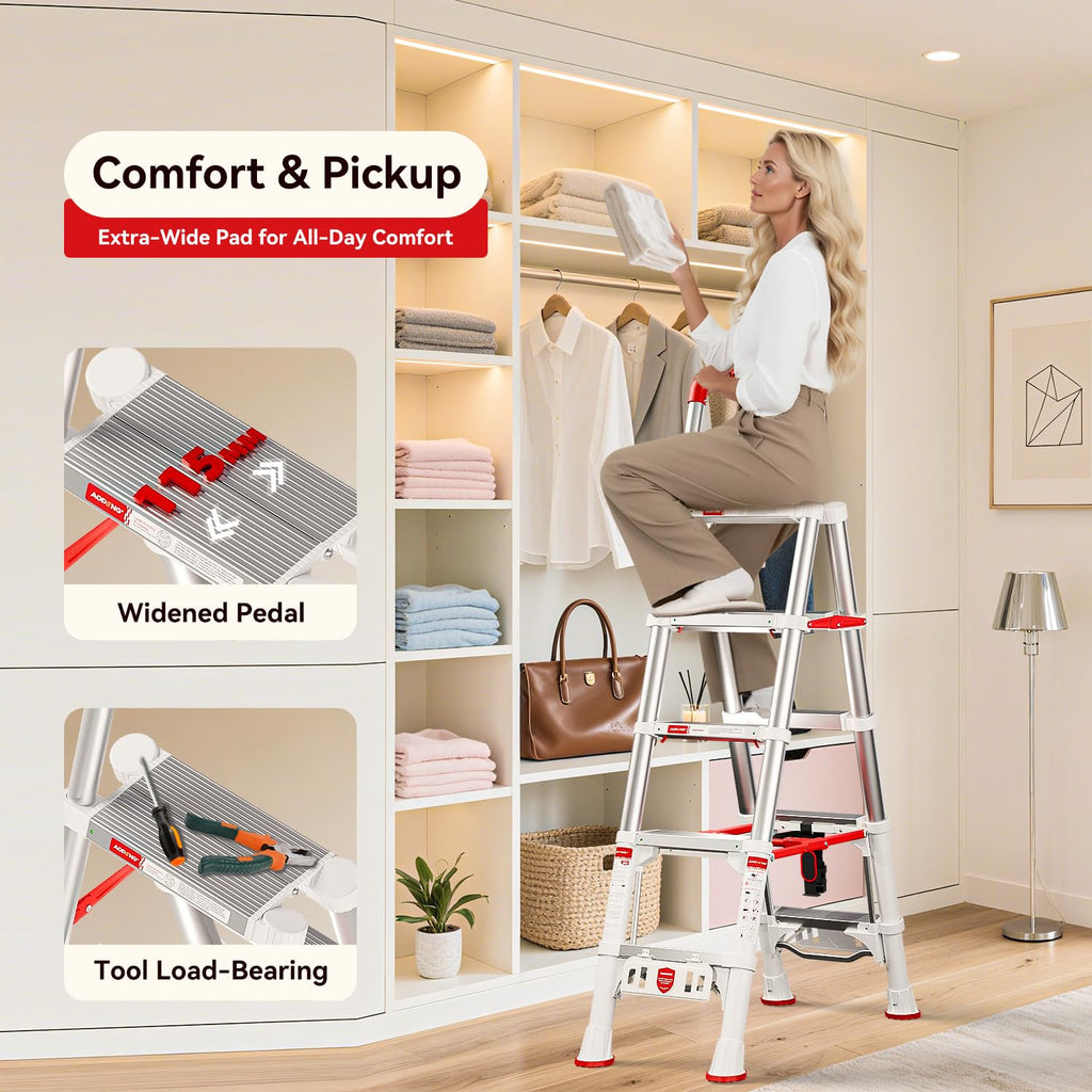 Telescoping Extension Ladder, 4.4FT Folding Step Stool, Aluminum 5 Step Ladder 600lbs Capacity L7340