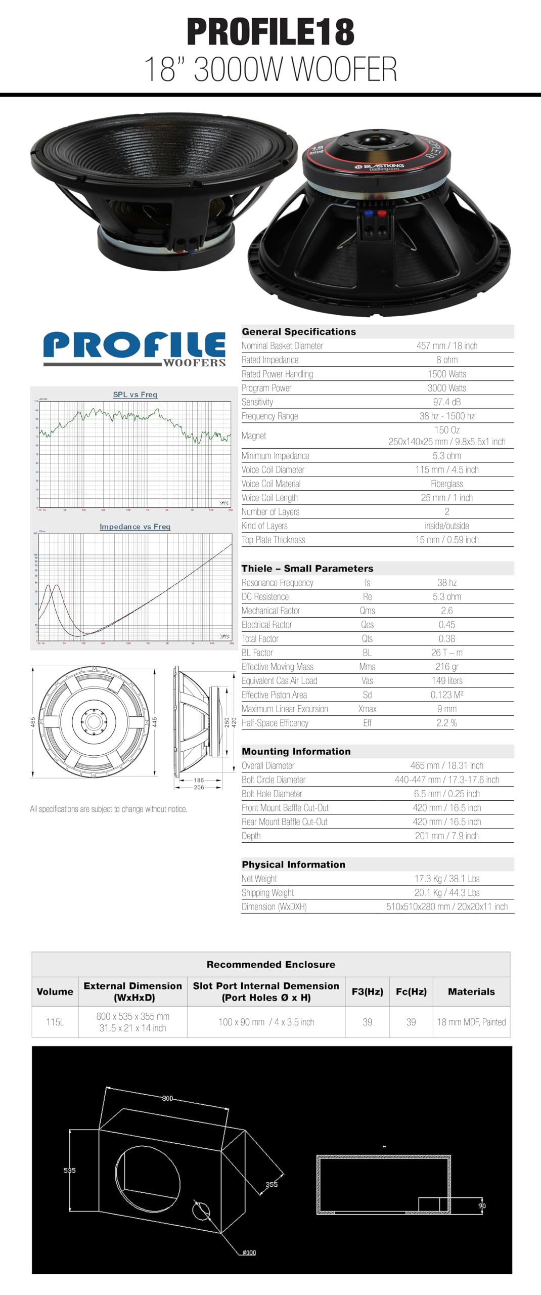 18" 3000W High Output Woofer 4.5" Voice Coil 8 Ω 97.4 dB I625