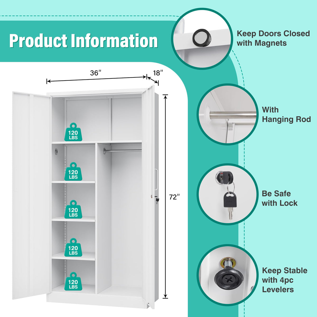 White Metal Storage Cabinet with Hanging Rod and Lock E254387