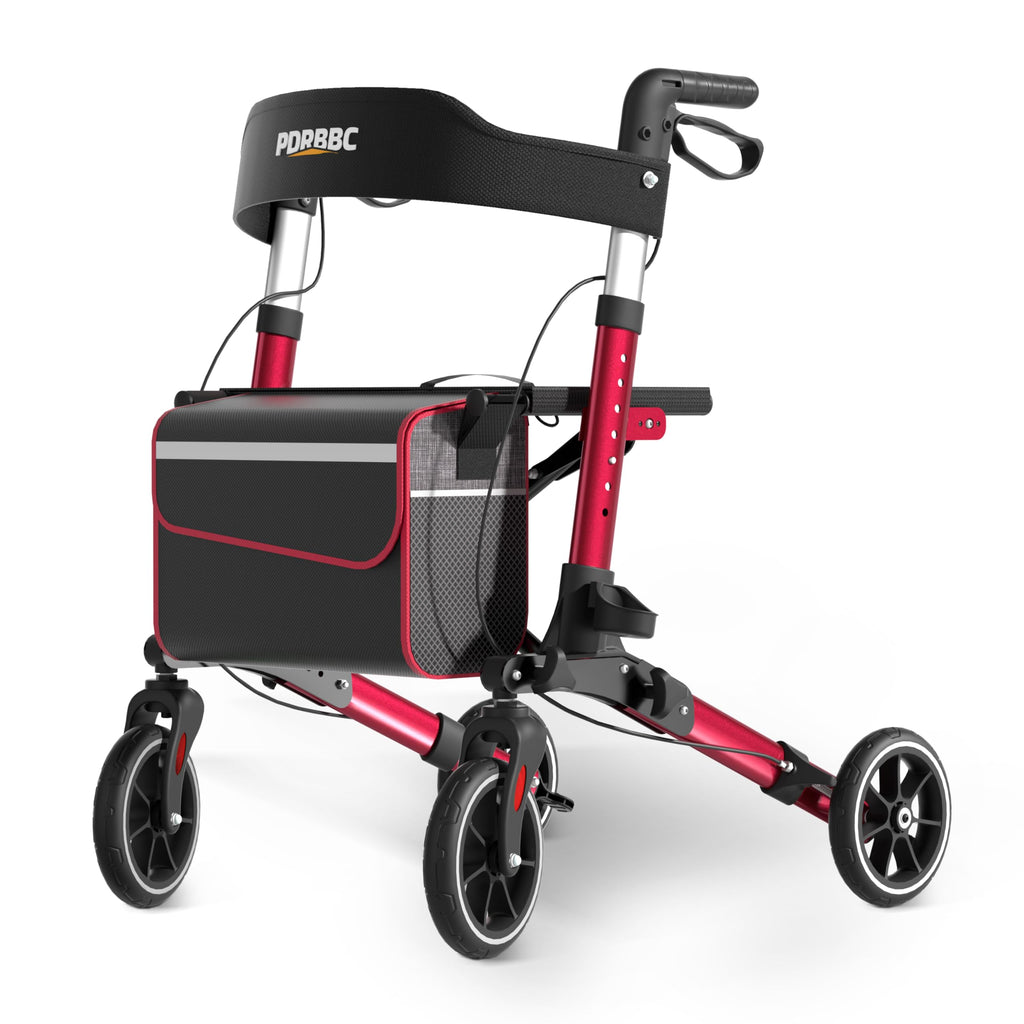 Red Foldable Lightweight Aluminum Rollator Walker with Seat and Brakes D4072